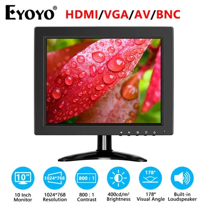 Eyoyo 10 Inch CCTV Security Monitor 4:3 IPS LCD Screen 1024x768 Small TV Computer Display for PC With HDMI BNC VGA AV USB Input