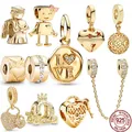Original Gold Plated Sparkling Love Stamp & Festive Bell Dangle Charm Bead Fit Pandora Bracelet 925