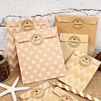 12pcs Kraft Paper Bags with Stickers Thank You Merci Cookie Gift Packaging Bags Wedding Birthday