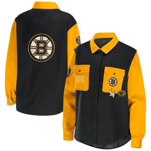 Damenbekleidung von Erin Andrews Schwarz/Gold Boston Bruins Colorblock-Hemdjacke mit Knöpfen