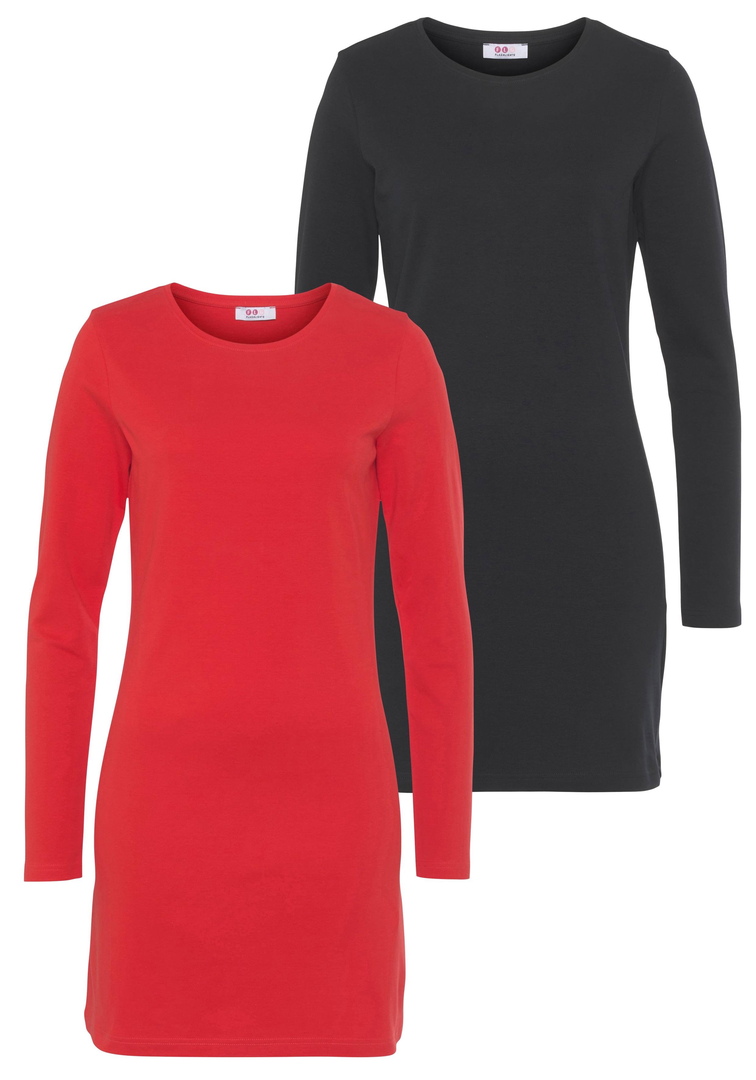 Jerseykleid FLASHLIGHTS, Damen, Gr. 50, N-Gr, schwarz (schwarz, rot), Interlock, Obermaterial: 100% Baumwolle, clean, unifarben, Basic, figurbetont Po-bedeckend, Kleider, figurbetonter Schnitt, aus Interlock-Stoff, langärmlig