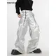Mauroicardi Spring Autumn Cool Long Loose Casual Soft Black Silver Pu Leather Pants Men with Many