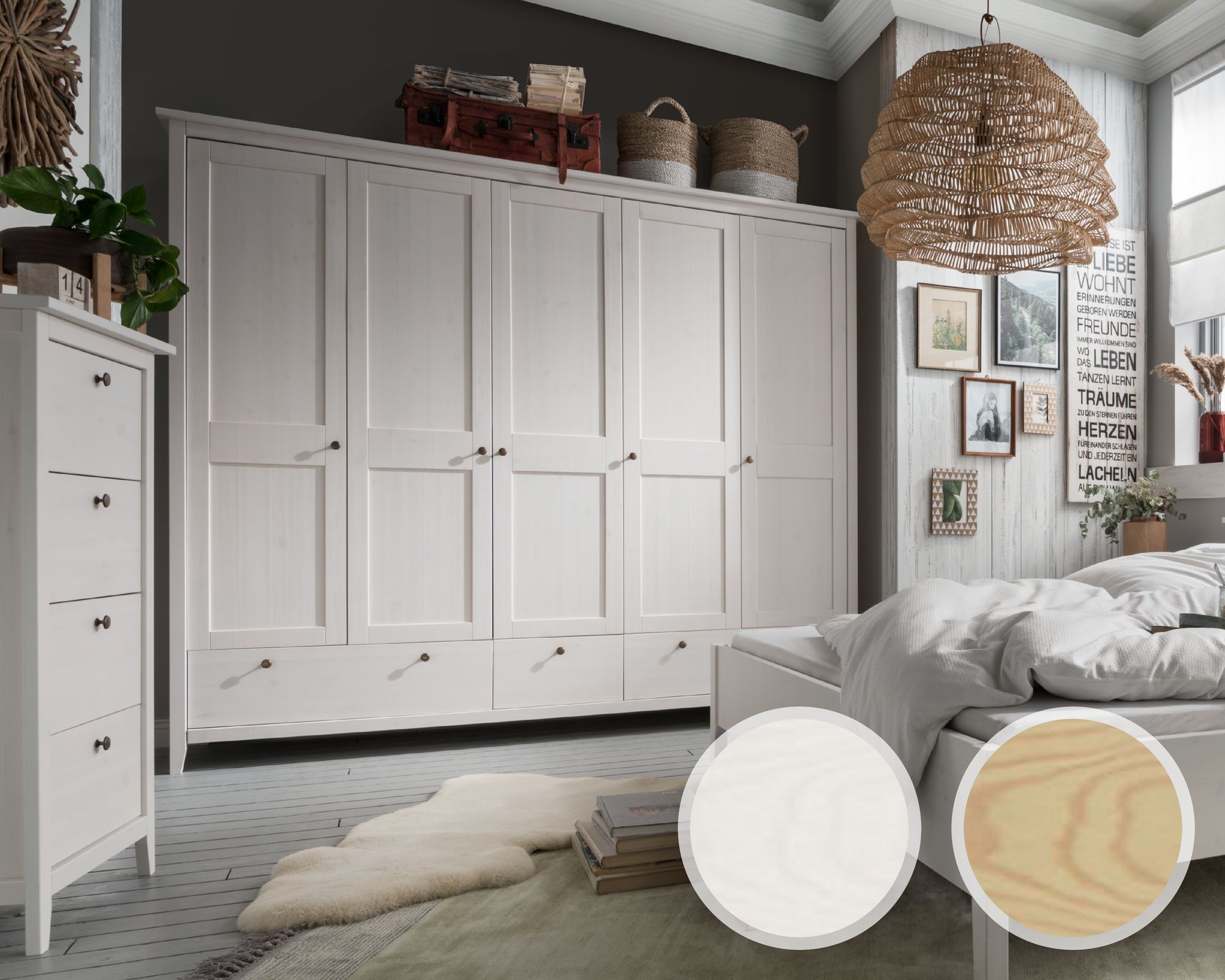 Massivholz »Solvita« Kleiderschrank 5-türig Kiefer weiß