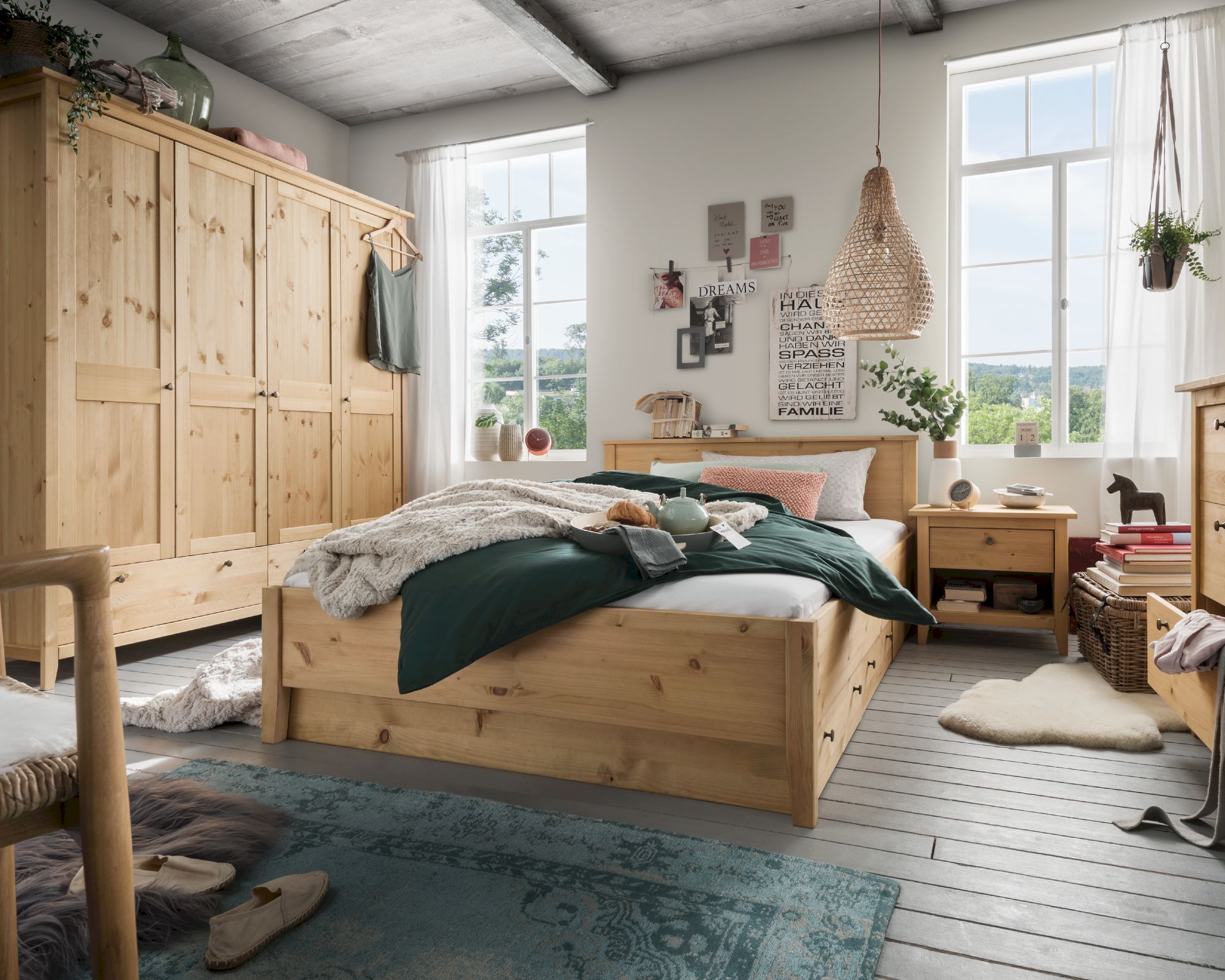 Massivholz »Solvita« Bett laugenfarbig 160x200 cm / kiefer / mit 3 Bettkästen