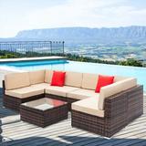 7-Piece Patio PE Rattan Wicker Sofa Set with 6 Sofa 1 PC Glass Coffee Table and 2 Red Pillows Outdoor Sectional Furniture Conversation Chair Set for Poolside Backyard Porch Lawn Pool Q2333
