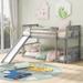 Low Bunk Bed with Slide, Solid Wood Twin Over Twin Floor Bunk Bed Frame with Ladder and Safety Guardrail, for Kids Teens, Grey