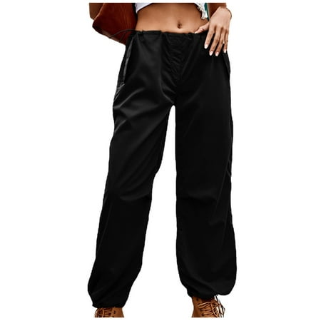 RYRJJ Baggy Parachute Pants for Women Drawstring Elastic Low Waist Ruched Cargo Pants Multiple Pockets Jogger Y2K Streetwear Pants(Black XXL)
