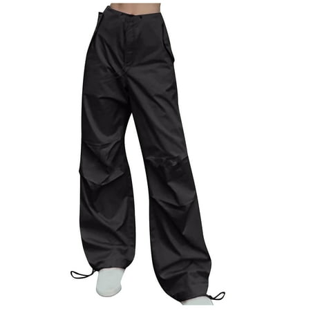 RYRJJ Baggy Parachute Pants for Women Drawstring Elastic Low Waist Ruched Cargo Pants Multiple Pockets Jogger Y2K Streetwear Pants(02#Black S)