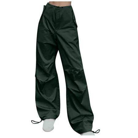RYRJJ Baggy Parachute Pants for Women Drawstring Elastic Low Waist Ruched Cargo Pants Multiple Pockets Jogger Y2K Streetwear Pants(Green L)
