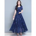 Robe Longue en Mousseline de Soie pour Femme Vêtement Vintage Bleu Maxi Floral ix Élégant