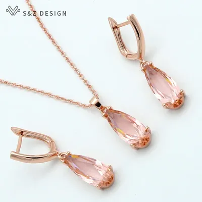 S & Z 6 Farbe Lange Wasser Tropfen Baumeln Zirkon Ohrringe Schmuck Set 585 Rose Gold Farbe Für