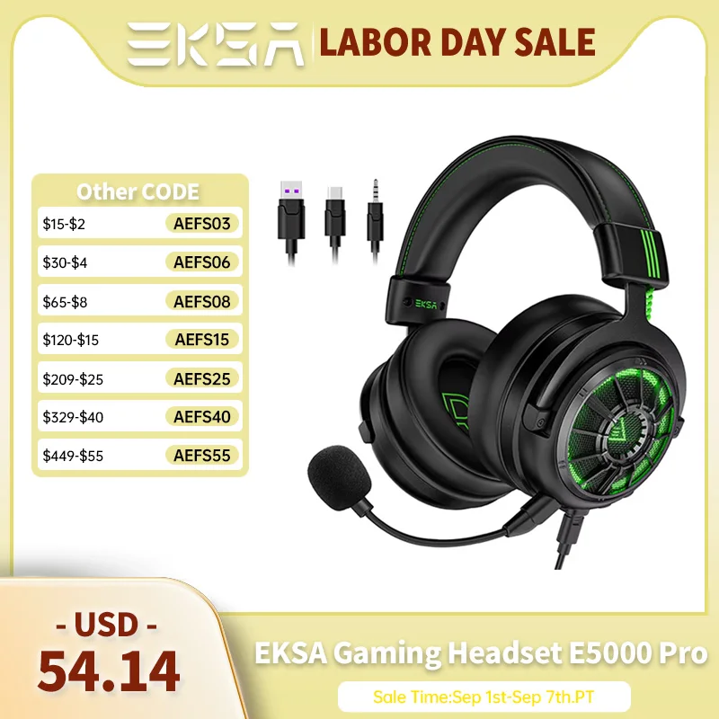 EKSA E5000 Pro Gaming-Kopfhörer 7.1 Surround Sound Kabelgebundenes Headset 50mm Treiber ENC-Mikrofon USB Typ-C 3.5mm Abnehmbar PC PS4 Xbox