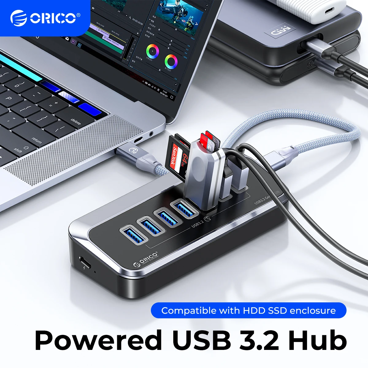 Orico abs powered 5gbps hub pd18w aufladen usb 3,2 typ c hub kartenleser splitter mit netzteil für desktop-pc zubehör Image