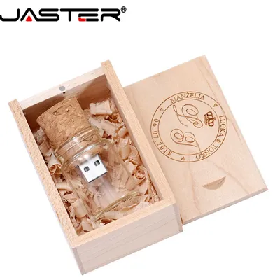 JASTER holz box + wishing flasche USB 2,0 flash drive 8GB 16GB 32GB 64GB glas speicher stick driften