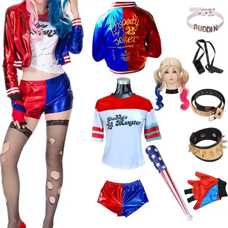 Top Qualität Mädchen Frauen Selbstmord Harley Cosplay Kostüme Squad Quinn Monster Genäht Jacke Hosen Sets Halloween Kostüm Image