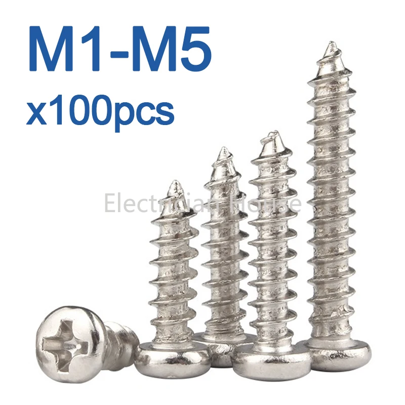 100 teile/los Vernickelt Kohlenstoffstahl Kreuzschlitz Rundkopf Selbstschneidende Schraube M1 M1,2 M1,4 M1,7 M2 M3 M4 M5 Image