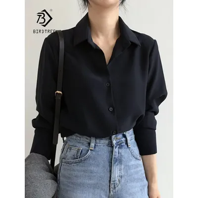 Sommer Neue Ankunft Frauen Solid Black Chiffon Bluse Langarm Casual Shirt frauen Koreanische BF Stil