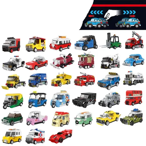 Mini DIY Rennwagen Bus Engineering Fahrzeug Krankenwagen zurückziehen Modellbau Ziegel Spielzeug für