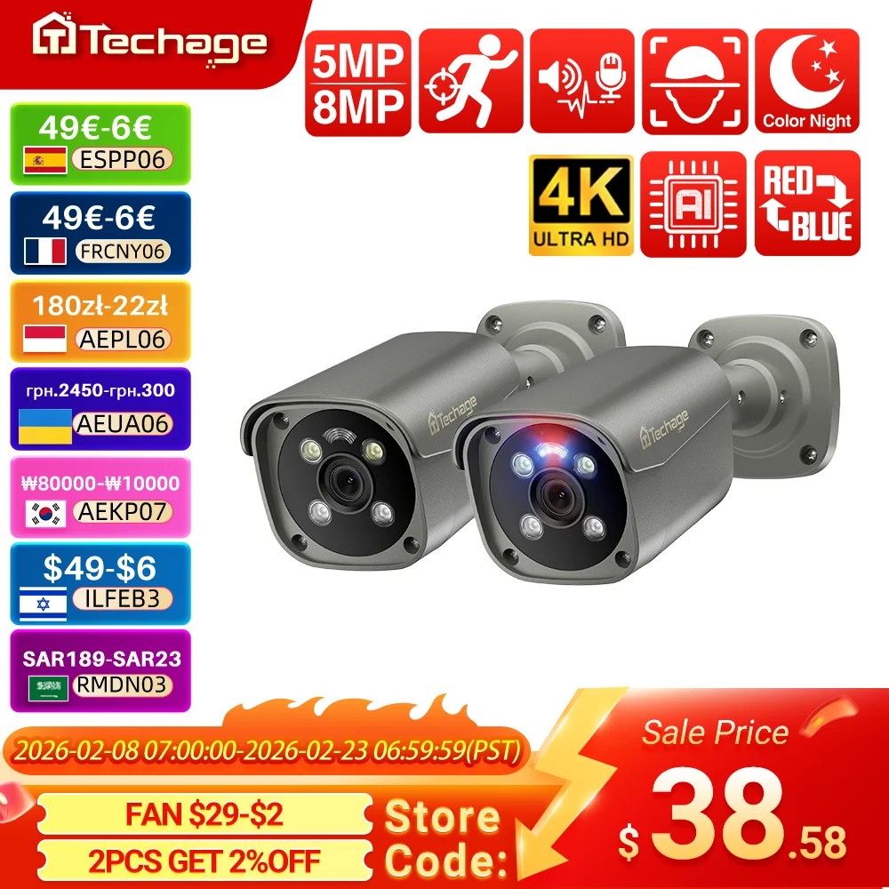 Techage H.265 Ultra HD 4K POE Kamera Outdoor 8MP IP Kamera Gesichtserkennung Farbnachtsicht Zwei-Wege-Audio für Überwachungssystem Image