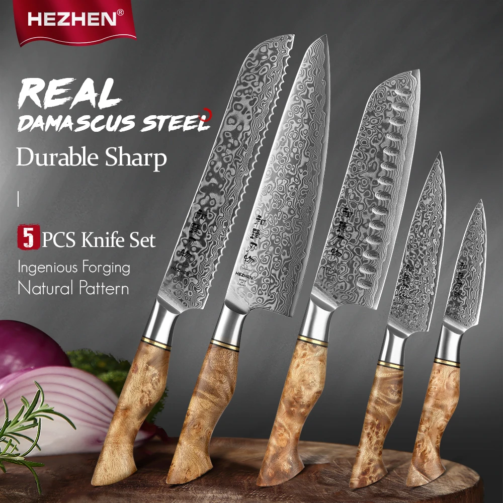 HEZHEN 1-5PC Messer Set Professionelle Damaskus Stahl Chef Santoku Brot Utility Schäl Koch Messer Für Fleisch Sharp küche Messer Image
