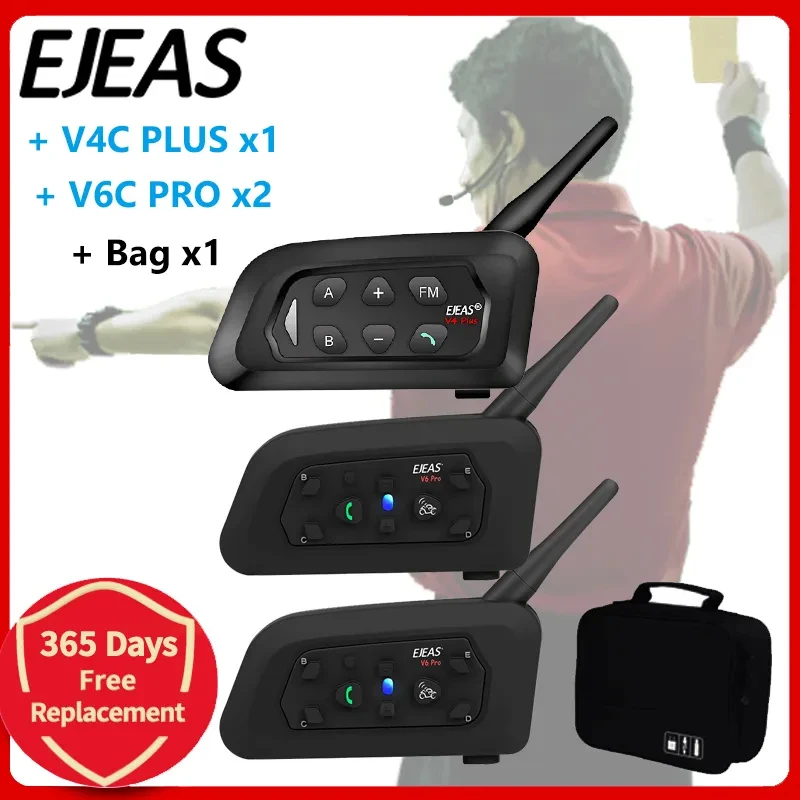 EJEAS V4C PLUS + V6C PROx2 Fußball 3-Schiedsrichter-Intercom-Headset 1200 m Fußball-Vollduplex-Bluetooth-Konferenz-Interphone + Handtasche Image
