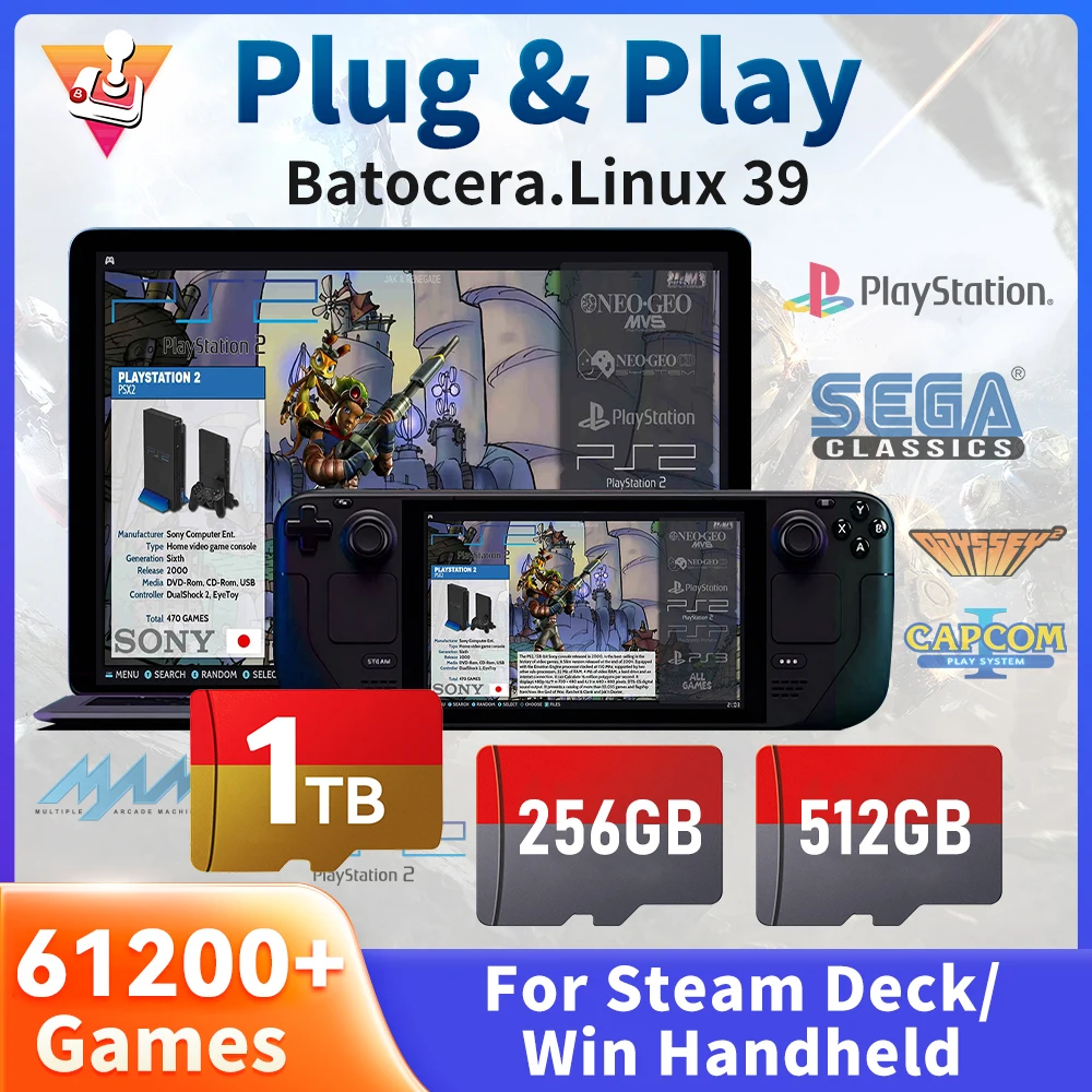 1 TB Spiel-TF-Karte für Steam Deck/Wins Handheld Neueste Batocera 39 OS Retro-Spielekonsole mit 61200 Spielen für PS3/PS2/PS1/PSP/MAME Image