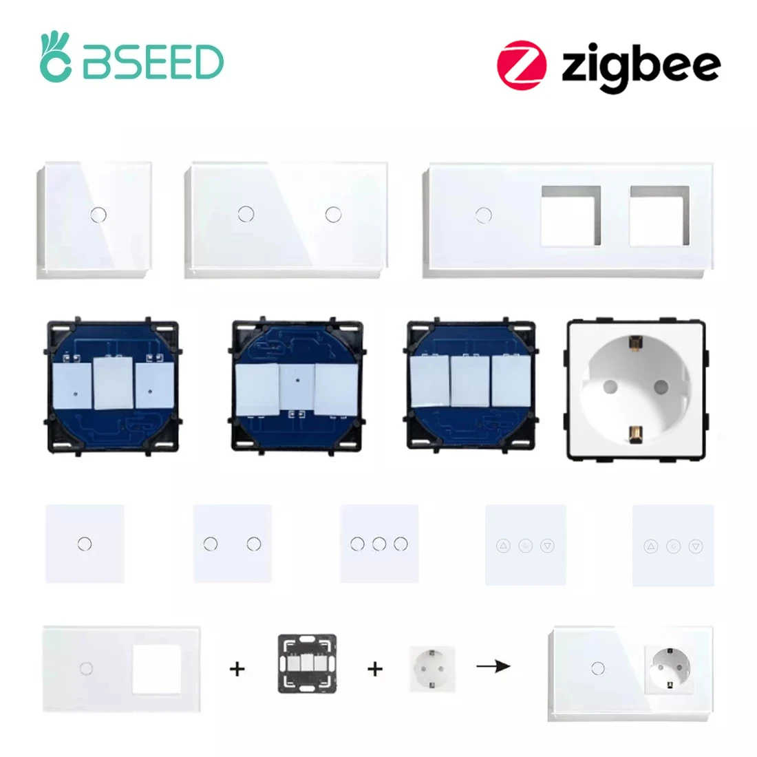 BSEED 1/2/3Gang Smart Zigbee Schalter Funktion Teil Touch Glas Front Panel EU Steckdose Smart Stecker DIY Teile Freie Kombination Image