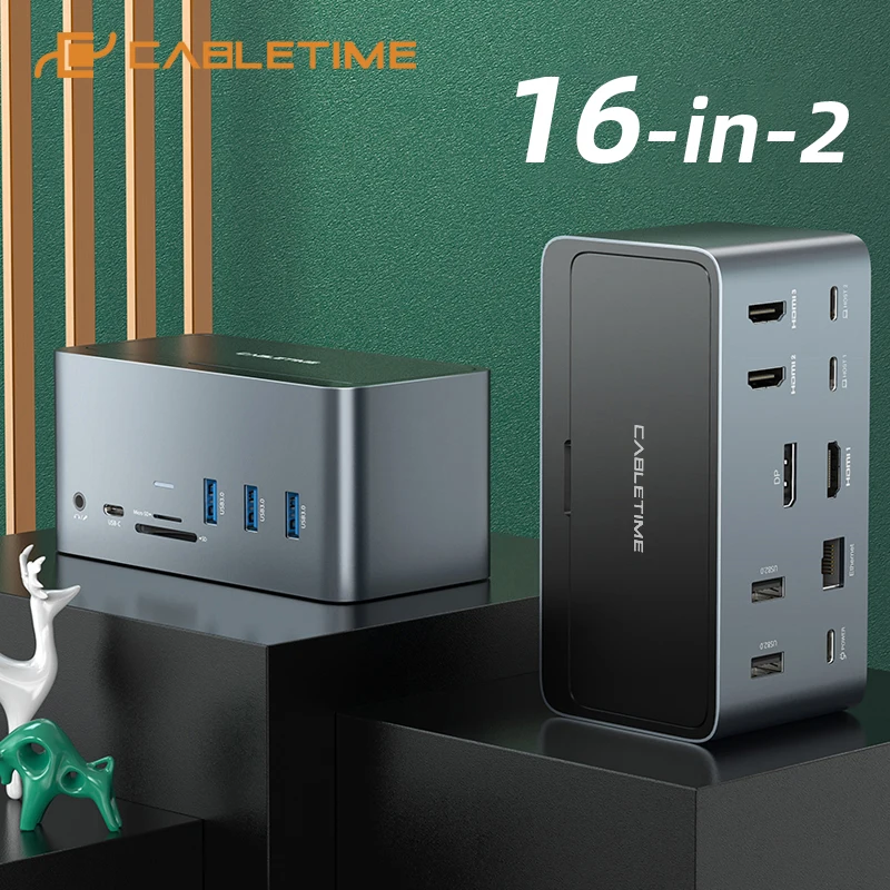 CABLETIME USB C Dockingstation HUB USB C auf 4K HDMI DP RJ45 1000Mbps PD 100W USB3.0 für MacBook MacOS Windows Tablet Laptop Image