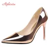 Aphixta 10 cm Heels Frauen Pumpt Schuhe Spitz Bling Gold Patent Leder Sexy Hochzeit Party Offizielle Schuhe Frau Große größe 48