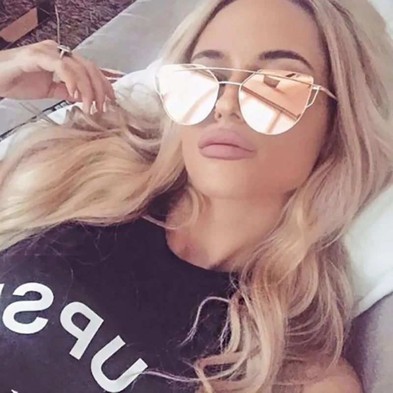 Neue Mode Cat Eye Vintage Rose Gold Spiegel frau Sonnenbrille Metall Reflektierende Flache Linse Tourismus Sonnenbrille Multi-farbe stil Image