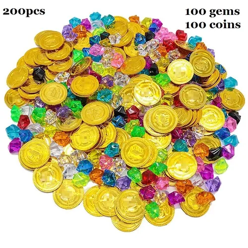 100 stücke Goldmünze und 100 Stück Edelstein Schmuck Schatz Spielzeug Piraten Themen Event Party