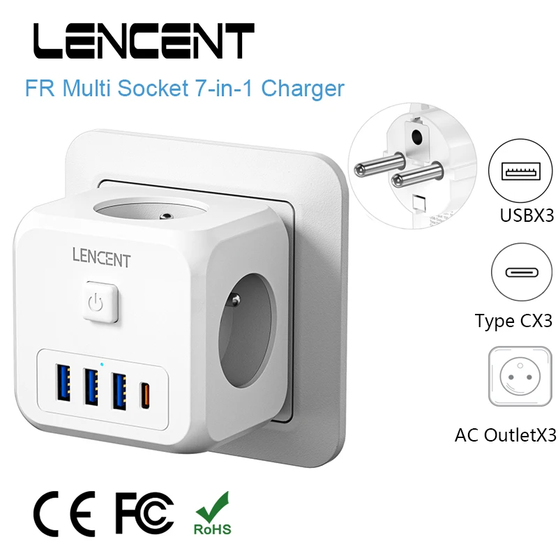 LENCENT FR Stecker Multi Wandsteckdose Extender Cube Netzteil mit USB-A und Typ C Schnellladebuchse Ein/Aus-Schalter für Zuhause Image