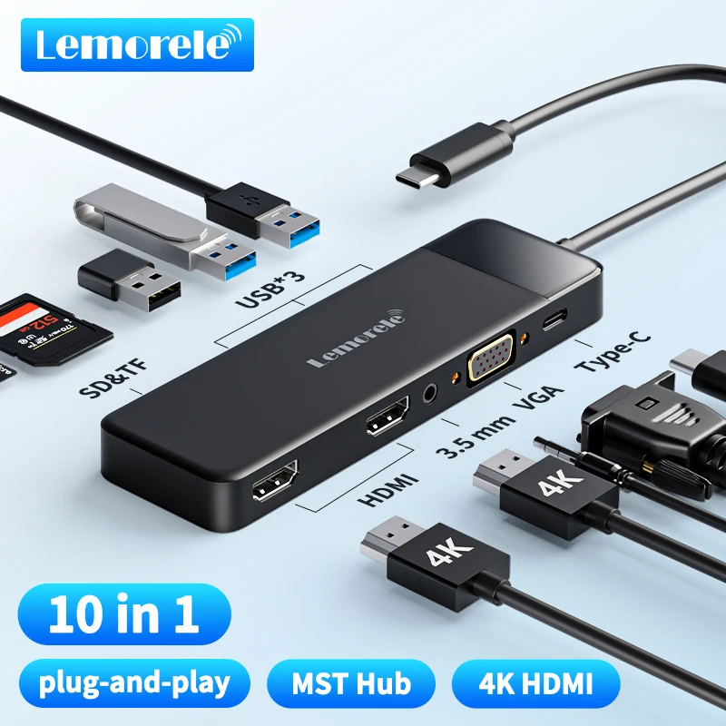 Lemorele USB-C hub 10ports docking station usb typ c zu dual hdmi 4k 30hz vga usb 3,0 adapter pd100w sd kartenleser für macbook Image