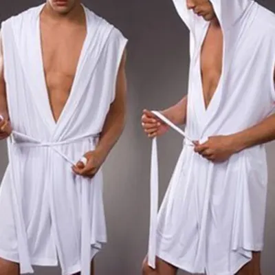 Männer Sommer Milch Seide Bademantel Mit Kapuze Ärmellose Bademantel Pyjamas Abnehmen Mittlere Und Image