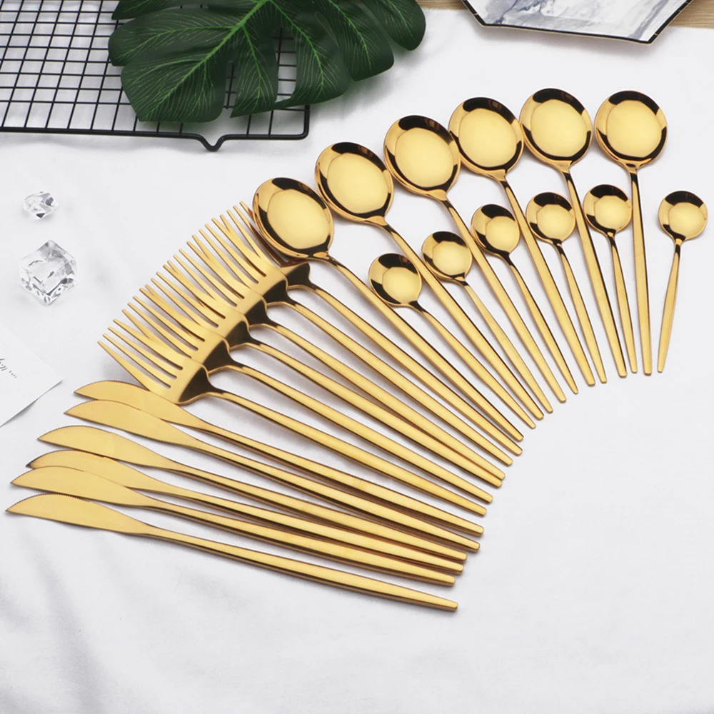 24 stücke Gold Geschirr Set Edelstahl Geschirr Set Messer Gabel Löffel Besteck Set Spülmaschine Sicher Besteck Besteck Set Image