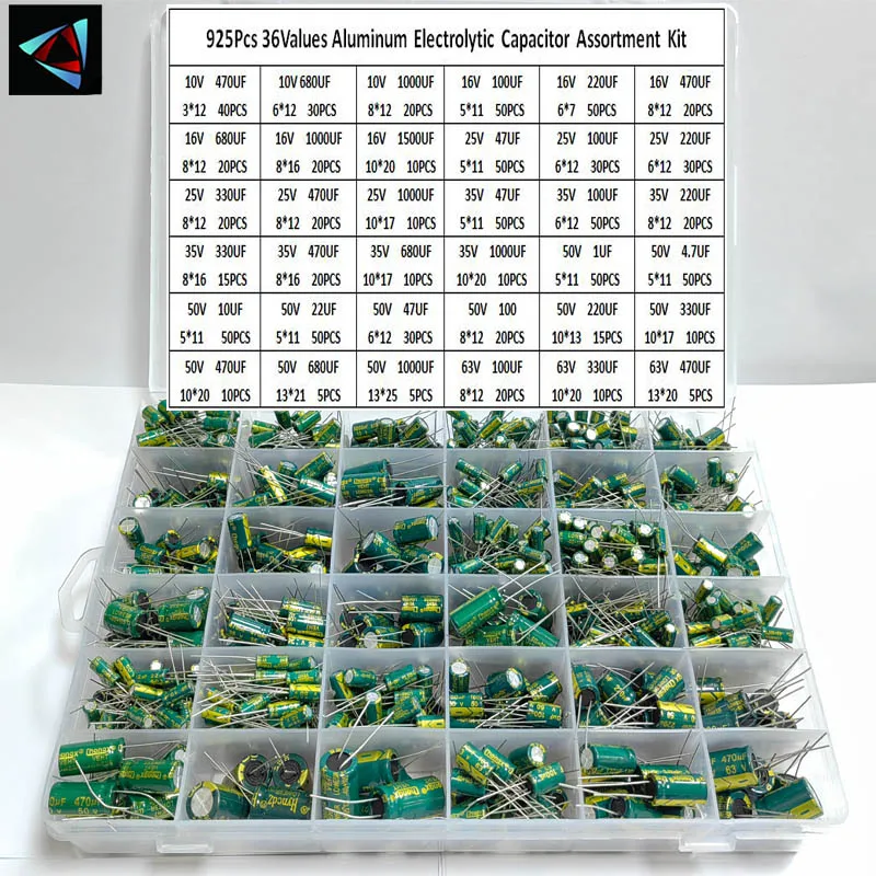 925-teiliges Sortiment an Aluminium-Elektrolytkondensatoren mit 36 Werte, niedriger ESR, 1 uF, 4,7 uF, 10 uF, 22 uF, 47 uF, 100 uF, 220 uF, 330 uF, 470 uF Image