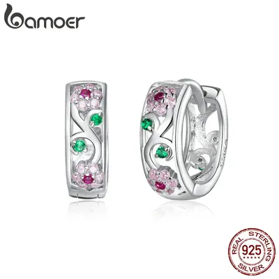 Bamoer Echtem 925 Sterling Silber Frühling Blume Hoop Ohrringe für Frauen Hochzeit Engagement