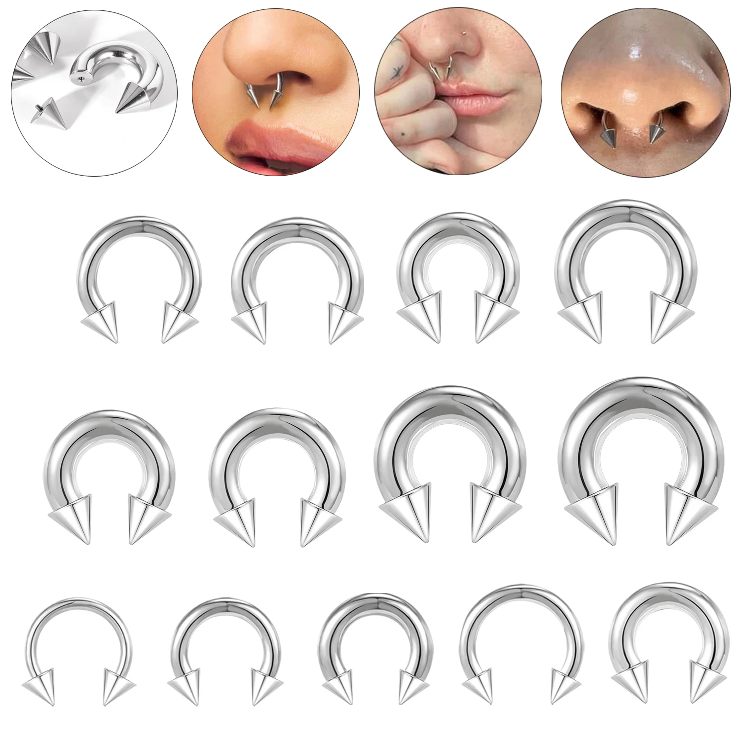 ZS 1PC 2/4/6/8G Spike Hufeisen Nasenring Edelstahl Kegel Große Gauge Piercings Innengewinde Septum Nase Ohr Expander Image