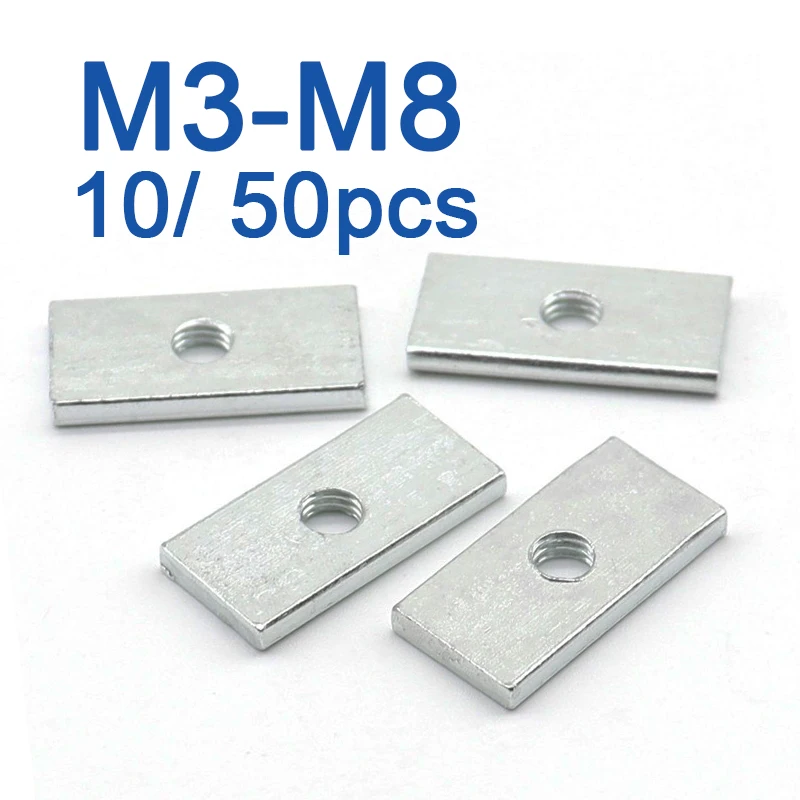 10/50 Stück Vierkantmutter M3 M4 M5 M6 M8 verzinkter Kohlenstoffstahl dünne rechteckige Muttern Gleitblock für Aluminiumprofil-Zubehör Image