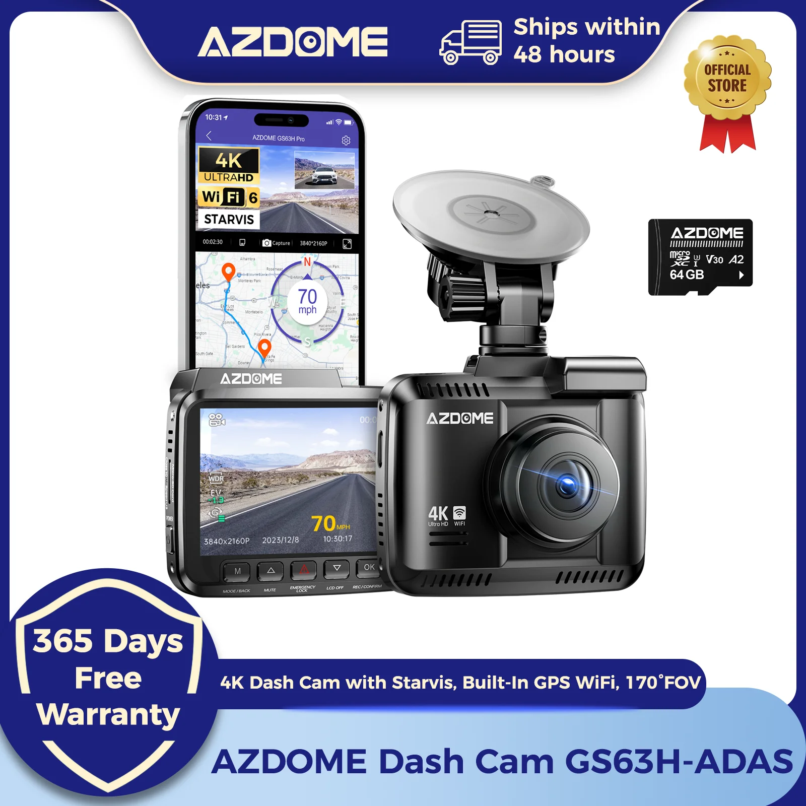 AZDOME Dash Cam GS63H 4K Integrierte GPS Wi-Fi Dash Auto Kamera mit Starvis 2,4