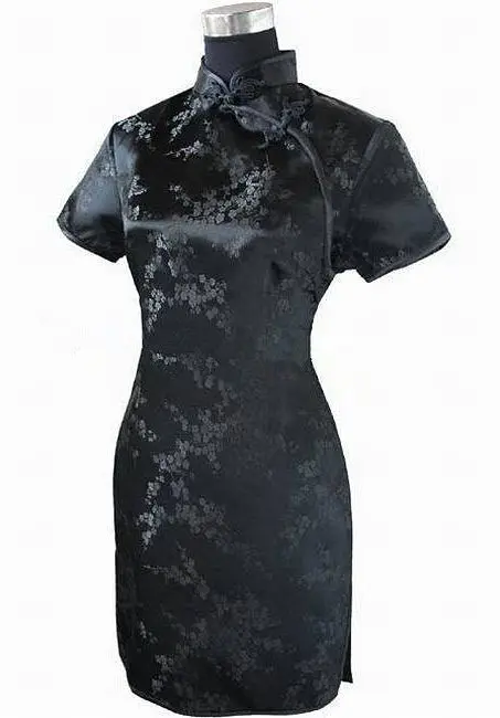 Schwarz Traditionellen Chinesischen Frauen Qipao Kleid Sexy Kurzen Mini Cheongsam Handgemachte Taste Blume Große Größe 3XL 4XL 5XL 6XL