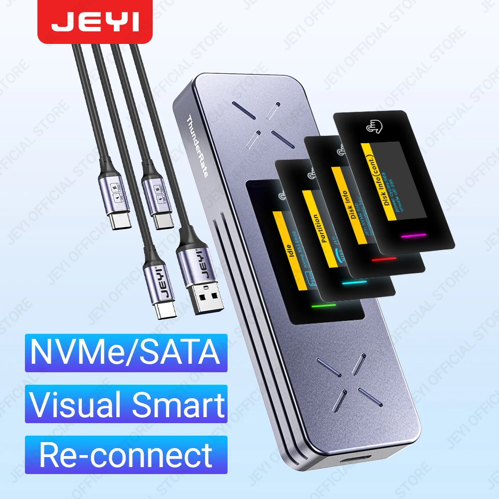 Jeyi visual smart m.2 nvme/sata ssd gehäuse, usb 3,2 gen 2 10gbps, externe m2 adapter gehäuse unterstützung m-key b m key uasp trim Image