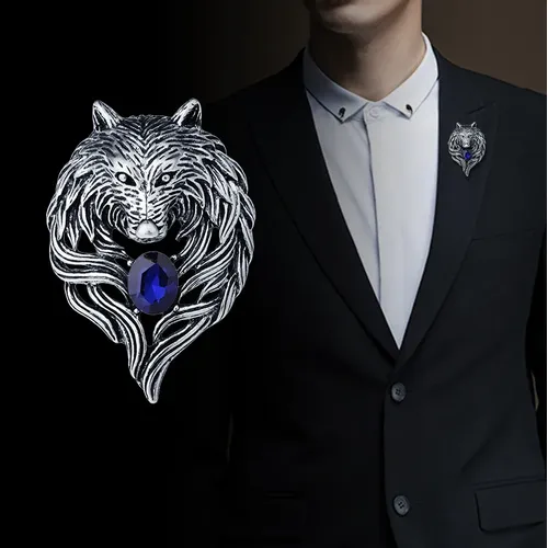 Neue Vintage Tier Wolf Brosche Strass Kragen Pins Abzeichen Broschen Mode Anzug Hemd Kleidung
