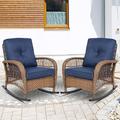 SOCIALCOMFY Outdoor Wicker Rocking Chair Patio Rattan Rocker Chair with Steel Frame Rocking Lawn Chair Patio Furniture Light Brown Wicker & Navy Blue Cushions Set of 2