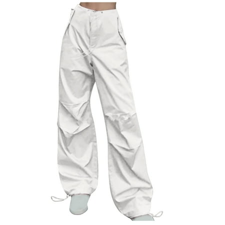 RYRJJ Baggy Parachute Pants for Women Drawstring Elastic Low Waist Ruched Cargo Pants Multiple Pockets Jogger Y2K Streetwear Pants(01#White M)