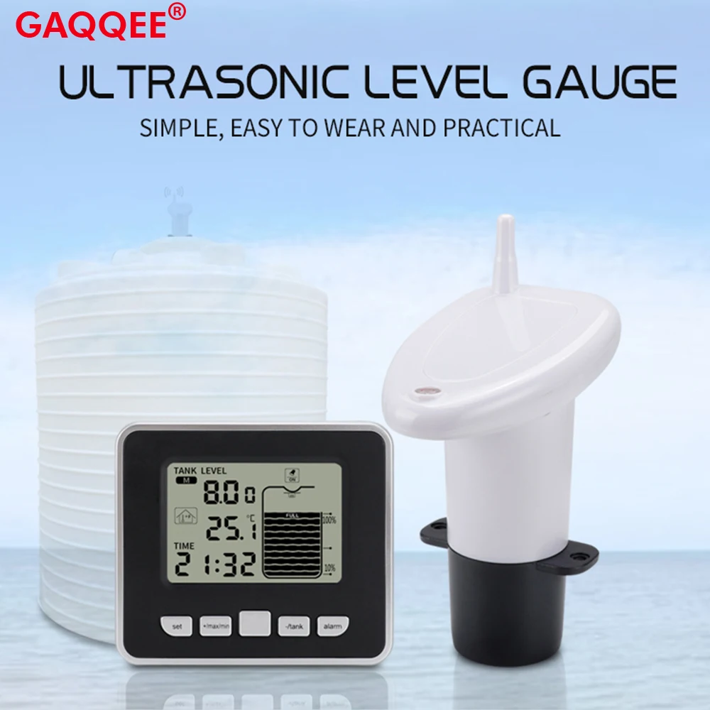Ultraschall Wireless Wasser Tank Flüssigkeit Level Meter Mit Temperatur Sensor Level Monitor Zeit Display Niedrigen Batterie Anzeige Alarm Image