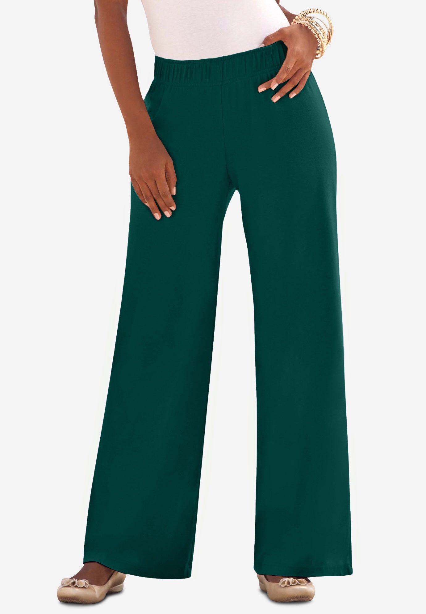 Plus Size Women's Plus Size Pull-On Wide Leg Soft Knit Pant by Roaman's in Emerald Green (Size S) Pull On Elastic Waist