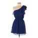 Xhilaration Casual Dress - Party One Shoulder Short sleeves: Blue Print Dresses - Women's Size Medium