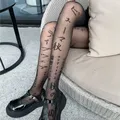 Sexy Japanese Letter Print Black Pantyhose Stockings Plus Size Tights Mesh FishNet Tattoo Patterned