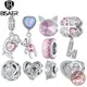 BISAER 100% 925 Sterling Cute Pink Bear Charm Bead Heart-Shaped Butterfly CZ Pendant Fit Women DIY